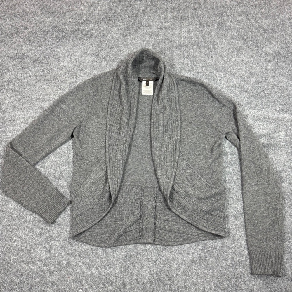 BCBGMAXAZRIA Cardigan Shawl Collar Open Front Womens L Grey Cashmere Wool EUC